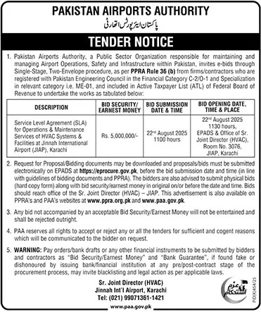 Pakistan Airports Authority Karachi Tender Notice